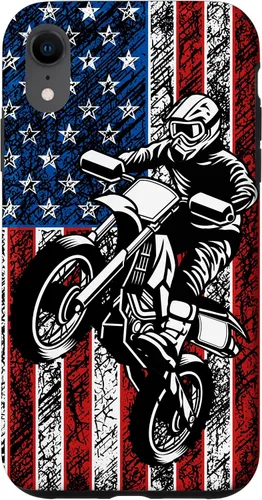 Vista 24 de Funda vintage con bandera estadounidense para iPhone 16 Motocross Dirt Bike