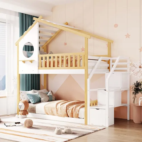 Vista 10 de Cama de Casa Tamaño Twin con Elegantes Ventanas y Estantería, Marco de Litera con Diseño de Castillo de Madera con Barandillas de Seguridad