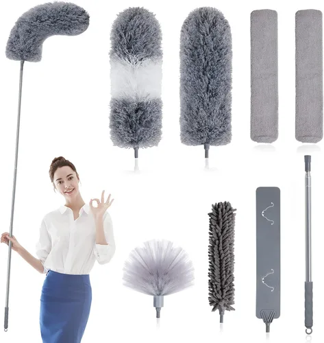Vista 9 de BOOMJOY Plumero de plumas de microfibra con poste extensible de 100 pulgadas, paquete de 2 plumeros para limpieza de techo, ventilador, muebles