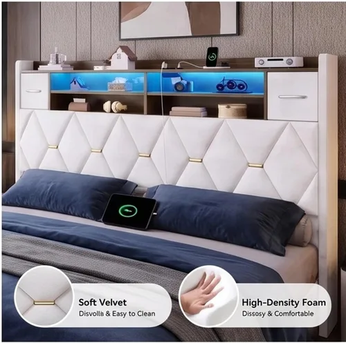 Vista 5 de YITAHOME Cama tapizada de terciopelo blanco tamaño King con carga