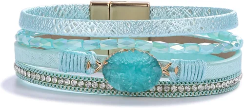 Vista 222 de FANCY SHINY - Pulsera de cuero estilo bohemio, pulsera de cuentas de cristal con cierre magnético, regalos de joyería para mujer