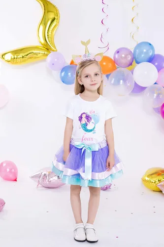Vista 2 de Vestido de tutú de lavanda para niñas con camiseta de cumpleaños de sirena y diadema, 3-8 años
