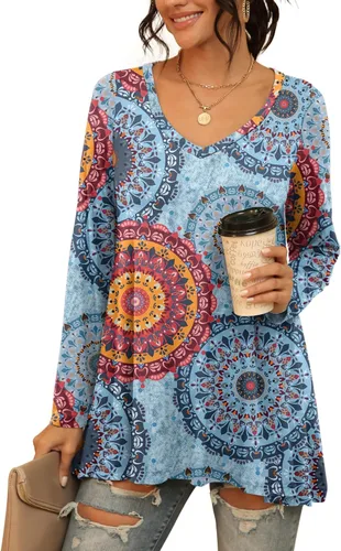 Vista 80 de AWULIFFAN Blusa tipo túnica holgada de manga larga con cuello redondo para mujer