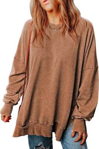 Vista 52 de SHEWIN Sudadera casual de manga larga con cuello redondo para mujer, ligera, holgada