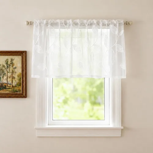Vista 18 de VOGOL Juego de cortinas transparentes bordadas y cenefas para sala de estar, con bolsillo para barra blanca, par de cortinas traslúcidas