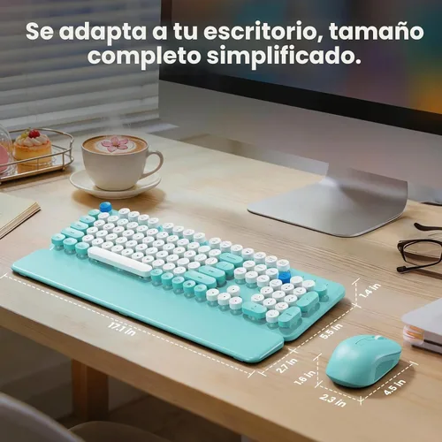 Vista 9 de Combo de teclado y mouse inalámbricos con reposamuñecas magnético, teclas redondas, teclado retro de tamaño completo, patas inclinables de dos Azul