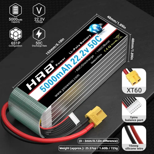 Vista 2 de HRB 6S 5000mAh 22.2V 50C Lipo Batería XT60 Plug Adecuado para RC Quadcopter Helicóptero Avión Coche Barco Camión