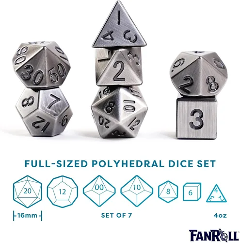 Vista 3 de FanRoll - Juego de dados poliédricos de metal de 0.630 in, plata antigua, dados de juego de rol para Calabozos y Dragones
