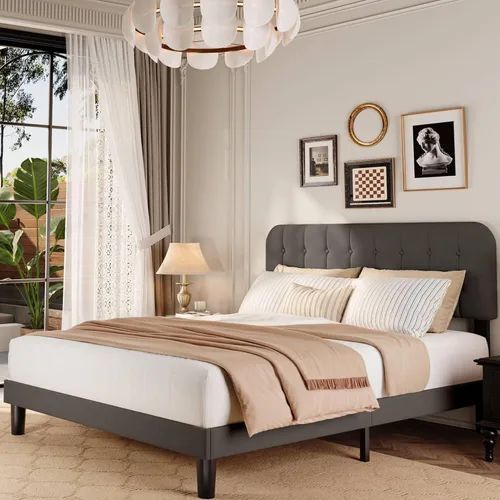 Vista 11 de Gizoon Base de cama Queen con cabecero, cama de plataforma tapizada con listones de madera resistentes, sin ruido, no necesita somier, fácil