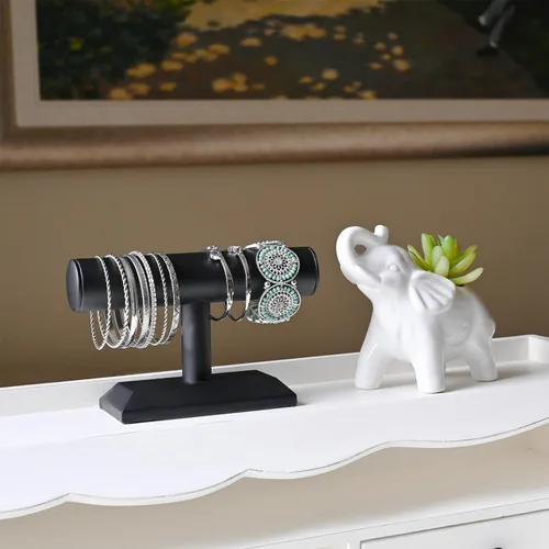 Vista 7 de MOOCA Soporte para pulsera y reloj de madera T-Bar, cuero sintético negro Piel sintética negra