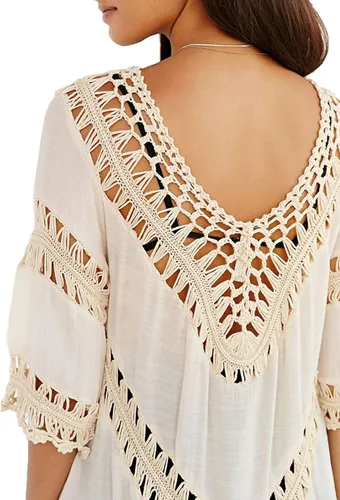 Vista 3 de Blusa para mujer estilo bohemia con cuello en V, túnica, blusas, para cubrir traje de baño.