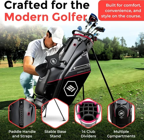 Vista 3 de Emerald Isle Bolsa de Golf de Pie con Divisor de Longitud Completa de 14 Vías, Bolsa de Transporte Resistente con Capucha para Lluvia, Múltiples