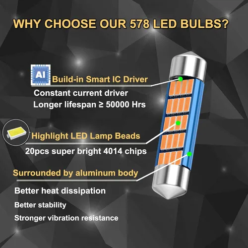 Vista 5 de XINYANG 2 piezas Bombilla LED festoon 578 para auto de 41mm 42mm 1.65 pulgadas, bombilla 211-2 extremadamente brillante, 20 chipsets SMD 4014, libre