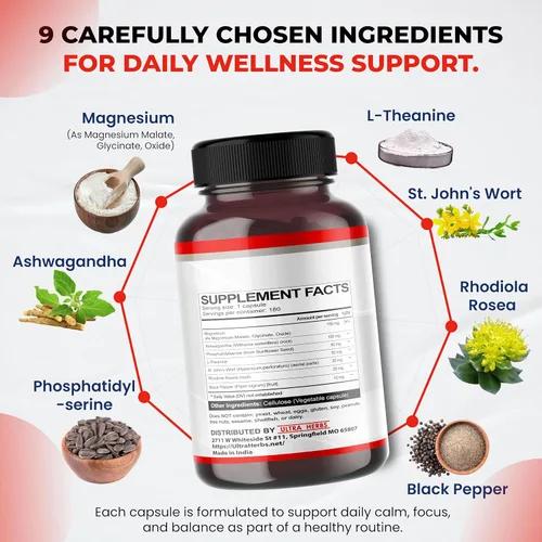 Vista 5 de CORTISOL Shield 9 en 1 - Magnesio + Ashwagandha con fosfatidilserina, L-teanina, hierba de San Juan, Rhodiola Rosea - Apoyo de relajación