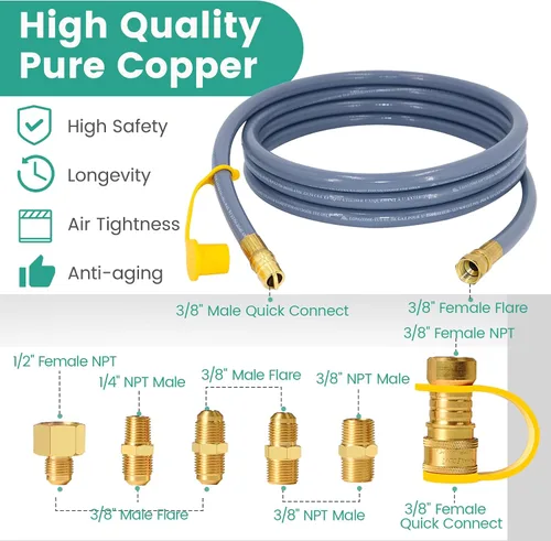 Vista 2 de 5369 Kit de conversión de propano a gas natural, manguera de gas natural de 12 pies con 3/8 pulgadas de diámetro interior con conexión rápida