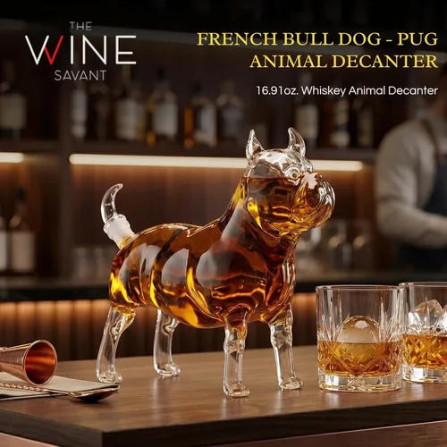 Vista 2 de French Bulldog & Pug - Decantador de whisky (16.9 fl oz) Jarra de vino, escocés y licor en forma de animal de primera calidad Utensilios de bar