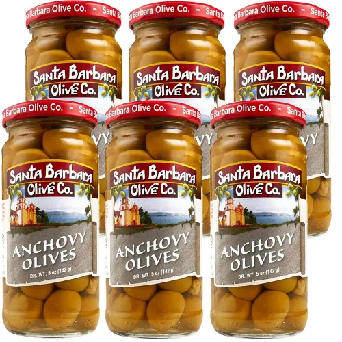Vista 30 de Aceitunas verdes rellenas de anchoas sin hueso de Santa Barbara, perfectas para tablas de embutidos, ensaladas, pizza y pasta, paquete de 3, 5 onzas