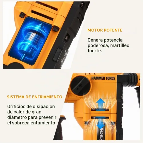 Vista 5 de Hoteche Taladro de martillo giratorio de 900 W y 1.024 in, martillo/taladro de 2 funciones para hormigón, amarillo, caja de color + embalaje de caja