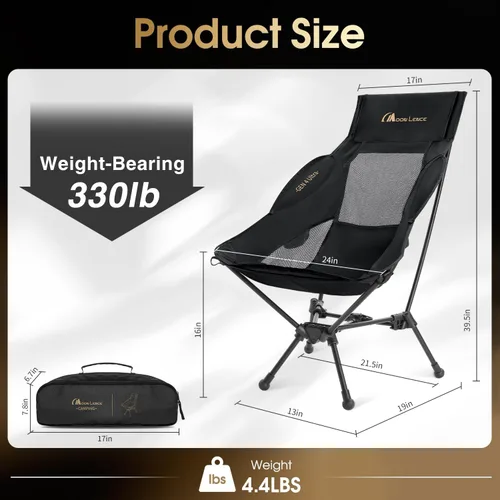 Vista 2 de MOON LENCE Silla de camping plegable de respaldo alto, silla compacta portátil de 330 libras con asiento ancho y respaldo ergonómico (negro)