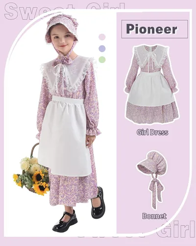 Vista 2 de NSPSTT Disfraz de pionera para niña, vestidos de pradera para niñas, vestido colonial floral para niña de los años 1800