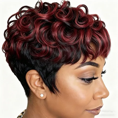 Vista 8 de Pelucas cortas de corte Pixie para mujeres negras, pelucas de corte Pixie con flequillo, negro mezclado con marrón, pelucas rizadas cortas