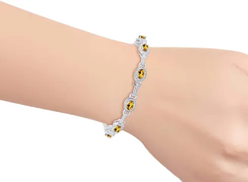 Vista 2 de Rylos Tennis Bracelet with Gemstones & Diamond Halo Sterling Silver 925 - Adjustable 7-8" Wrist, 9 Stunning 6x4MM Birthstone Jewelry for Women
