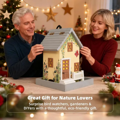 Vista 8 de MEWANG Comedero colgante para pájaros al aire libre, casa decorativa de madera para pájaros sin cámara para colibríes, cardenales y pájaros azules