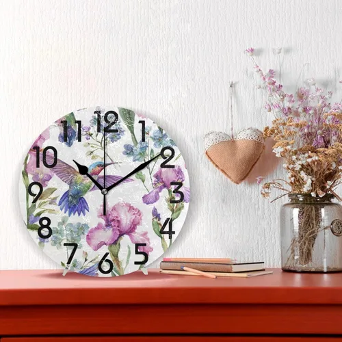 Vista 2 de Spring Hummingbird - Reloj de pared redondo con estampado de flores, 9.5 pulgadas, funciona con pilas, reloj de escritorio analógico silencioso
