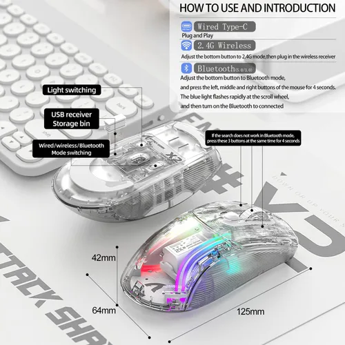 Vista 8 de Mouse inalámbrico para juegos con diseño totalmente transparente, mouse de triple modo 2.4 GUSB-CBluetooth, retroiluminación RGB 3D, mouse