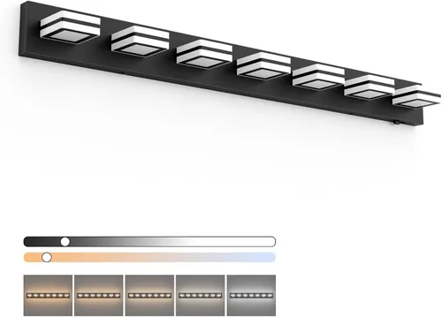 Vista 16 de Ralbay - Luces de tocador de baño de 5 temperaturas de color ajustables, negras, 4 luces, acrílicas, modernas, LED, mate, accesorios de iluminación