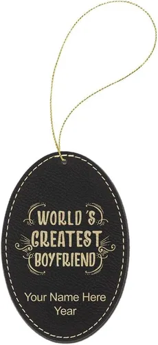 Vista 2 de LaserGram Personalized Christmas Ornament, World's Greatest Boyfriend, Faux Leather, Custom Laser Engraved Gift Idea (Oval Shape, Black with Gold)