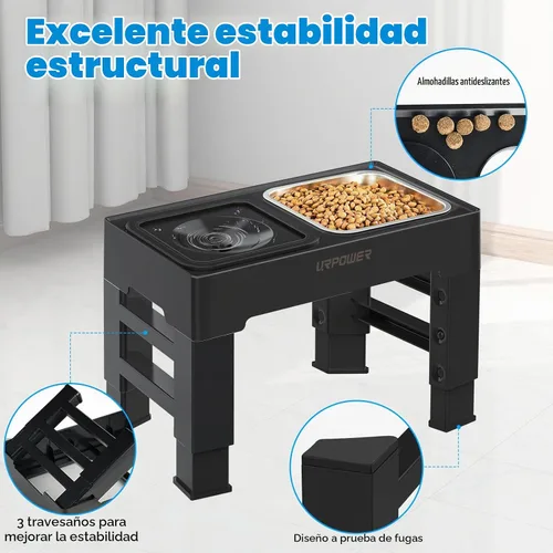 Vista 5 de URPOWER Cuencos Elevados 2 en 1 para Perros, 4 Cuencos Elevados para Perros de Altura Ajustable con Cuenco de Agua Sin Derrames y Cuenco de Comida