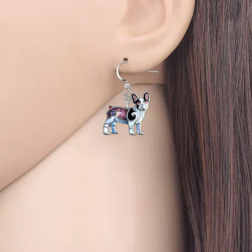 Vista 2 de Aretes colgantes de aleación de bulldog francés para mascotas, regalos de joyería para niñas, mujeres y mujeres