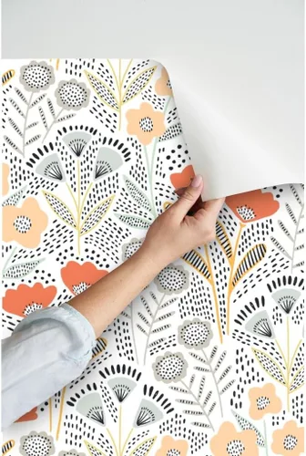 Vista 3 de Papel tapiz para despegar y pegar, diseño de flores de color naranja, papel pintado extraíble personalizado Spoonflower