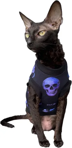 Vista 3 de Hairless Cat - Camiseta elástica de algodón con calaveras moradas para gatos Sphynx (L)