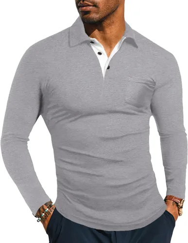 Vista 12 de KUYIGO Camisas de manga larga y corta estilo polo para hombre, estilo informal, ajustadas, diseño sólido, suave, con botones, de algodón, con A1
