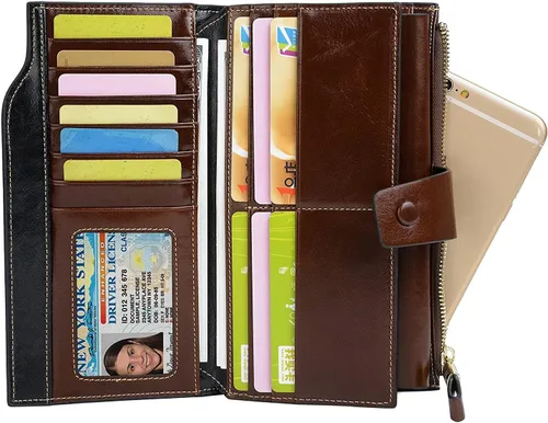 Vista 2 de Cartera plegable de cuero de gran capacidad con bloqueo RFID para mujer