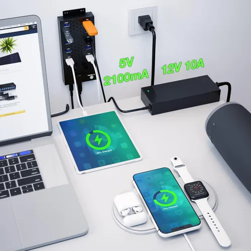 Vista 4 de Hub USB 3 0 - Concentrador USB alimentado por 10 puertos - Concentrador expansor USB de carga y transferencia de datos de alta velocidad - Divisor