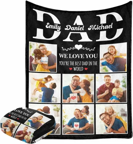 Vista 10 de Manta personalizada para el Día del Padre de parte de los niños, manta personalizada con fotos de Best Dad Ever, regalo de cumpleaños para papá