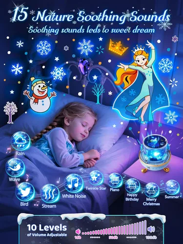 Vista 3 de Juguetes Frozen, luz nocturna de 15 músicas+16 películas+315 colores para niños, proyector de estrellas inalámbrico de 360°+control remoto