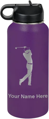 Vista 48 de LaserGram Botella de agua personalizada, golfista de golf, acero inoxidable de doble pared aislada al vacío con popote superior, regalo grabado Negro