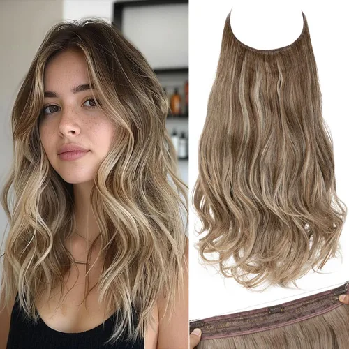 Vista 31 de SARLA Extensiones de cabello con alambre invisible con 3 clips, postizo sintético corto, ondulado, rizado, diadema ajustable transparente