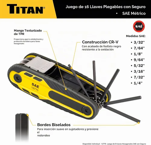 Vista 3 de Titan 12774 Juego de llaves Allen plegables de 16 piezas, métricas y SAE, juegos de llaves hexagonales con bloqueo a 90°, 135° y 180° mediante dos