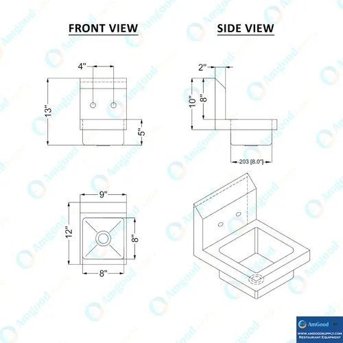 Vista 4 de Fregadero de mano comercial de montaje en pared de 12 pulgadas x 9 pulgadas x 13 pulgadas. Fregadero de acero inoxidable que ahorra espacio