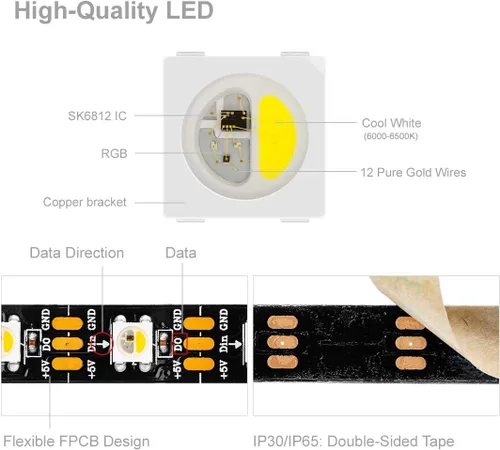 Vista 3 de BTF-LIGHTING RGBW RGB+Blanco Frío SK6812 (Similar WS2812B) 4 Colores en 1 Tira LED, Direccionable Individual, 16.4 pies, 60 píxel/m, 300LED Luz