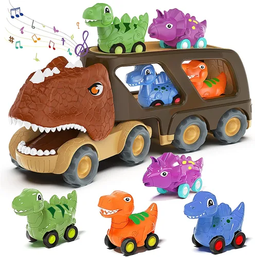 Vista 9 de Veslier Juguetes de Dinosaurio para Niños de 2-4 y 3-5 años con 6 Vehículos de Coche de Dinosaurio, Camión Transportador de Dino con Música y Sonido