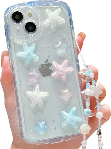 Vista 11 de Compatible con iPhone 11 Pro Funda Transparente Bonita con Diseño de Estrella con Purpurina en 3D con Perlas y Pulsera de Perlas, Diseño de Cadena