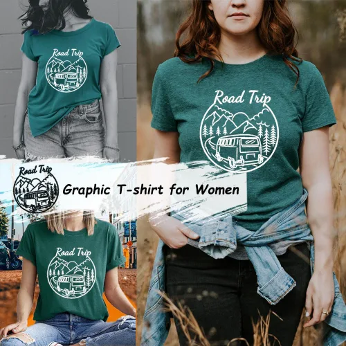 Vista 5 de Camisetas gráficas divertidas para mujer, camisetas de verano estampadas para viajes por carretera, novedad de la naturaleza, camisetas sueltas