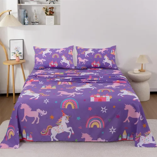 Vista 12 de Juego de sábanas de 3 piezas para niñas, tamaño individual, diseño de castillo y estrella arcoíris, unicornio, para niños y adolescentes, divertido