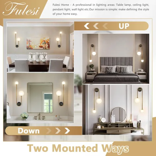 Vista 4 de Lámpara de pared moderna de mediados de siglo con forma de globo para interiores, 2 luces, color negro y dorado, con vidrio de leche, lámparas